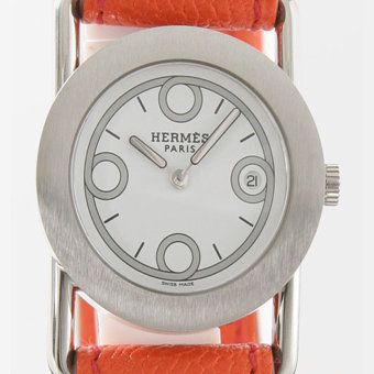 HERMES エルメス時計コピー ミニバレニア BR1.210.130/OOAD ラウンド リバーシブル レザー オレンジ＆チェリーレッド/ホワイト レディース